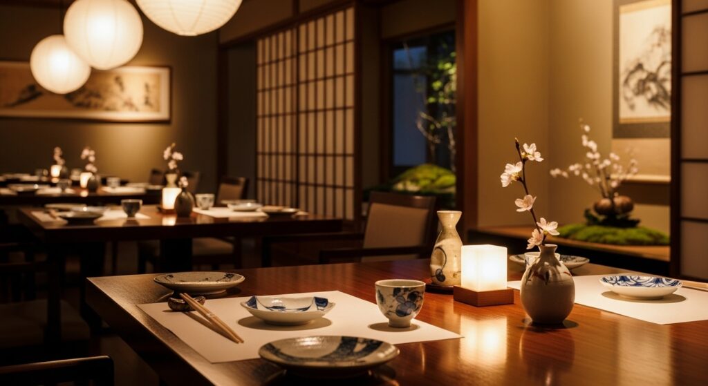 
レストランの店内の雰囲気。テーブルセッティングやインテリア。温かみのある照明