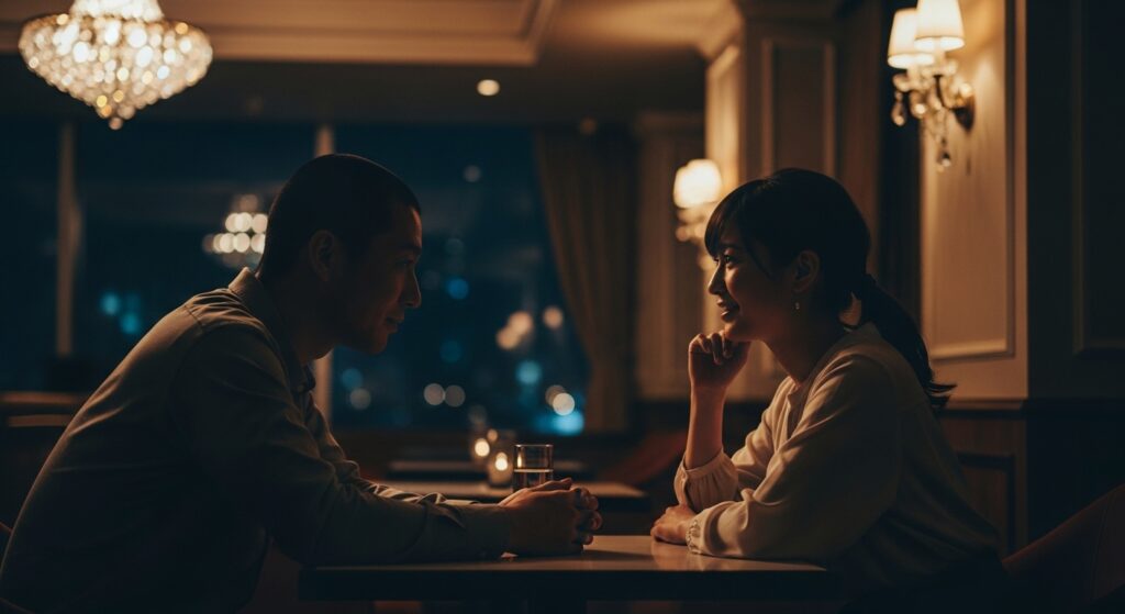 会話を楽しむ男女のシルエット