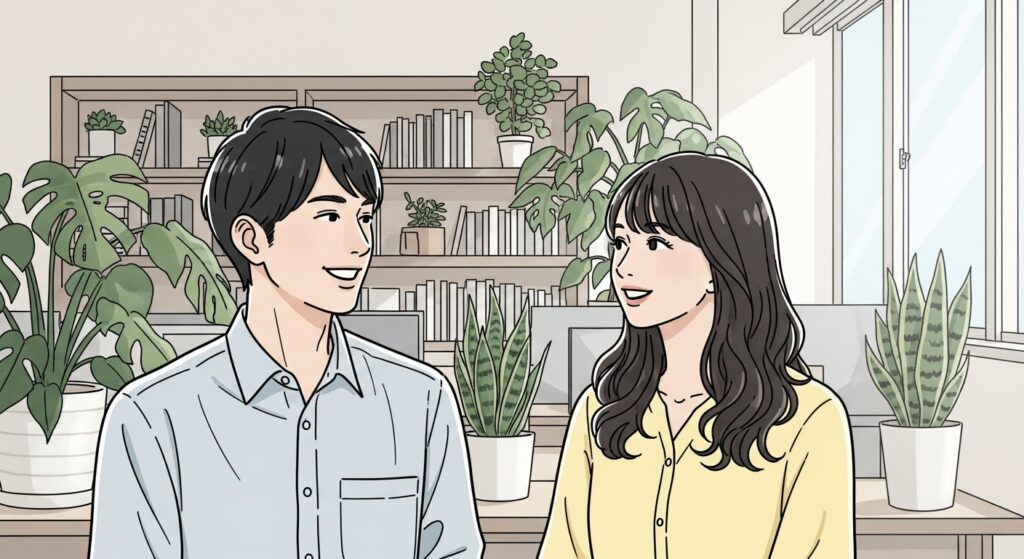 笑顔で会話する若い男女