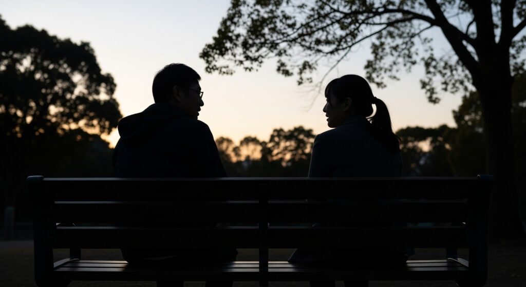 公園のベンチに座って話をしている二人の人物