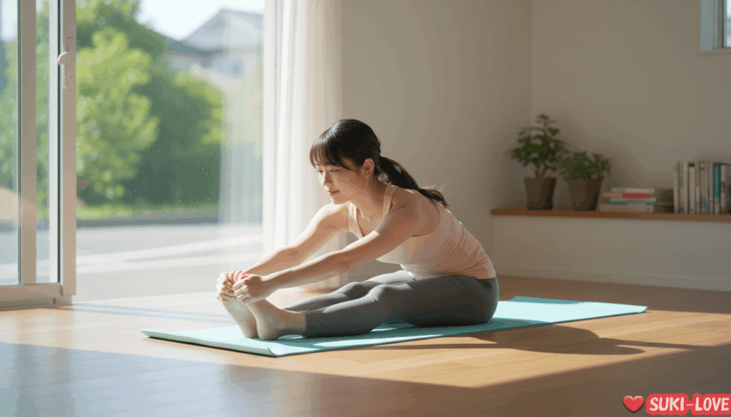 ヨガマットを使ってストレッチする女性