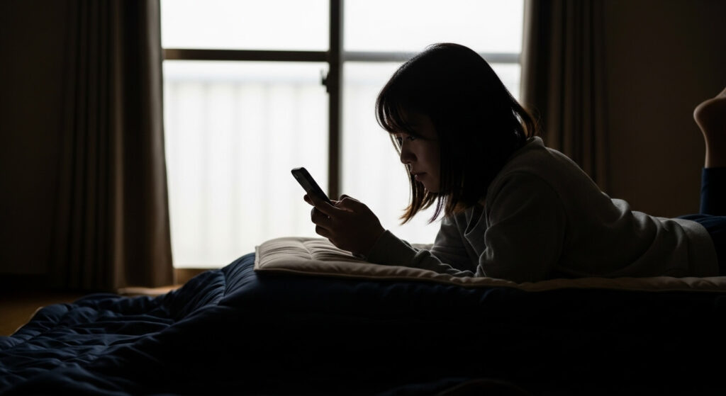 スマホを見つめる女性のシルエット