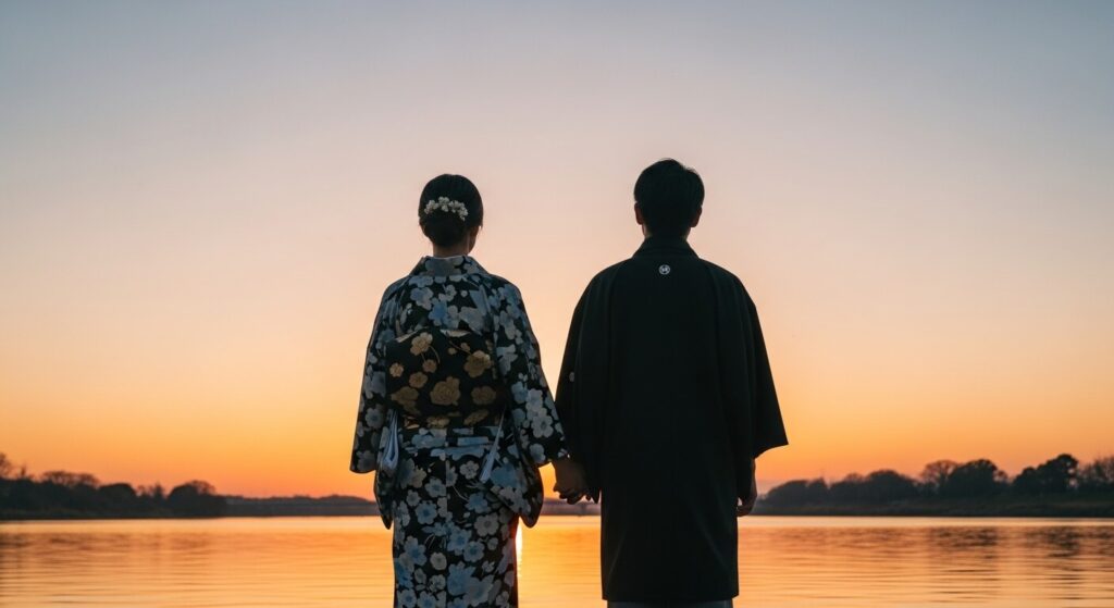 背の高いカップルの後ろ姿