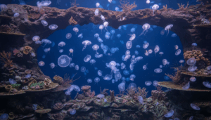 水族館の幻想的なクラゲの水槽。青い照明に照らされたクラゲが優雅に泳いでいる様子。神秘的でロマンチックな雰囲気。人物は不要。水族館デートの魅力を表現。
