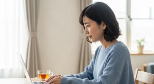 
ノートパソコンの前でリラックスした表情で画面を見る20代日本人女性の横顔。柔らかい照明で顔が明るく映っている