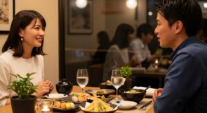 デート中の日本人カップルが楽しそうに料理を囲んでいる様子。レストランやカフェで笑顔で会話している自然な雰囲気。