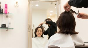 美容室で髪を切ってもらっている日本人女性の後ろ姿