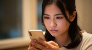 スマートフォンを両手で持ち、真剣な表情でメッセージを打つ若い女性