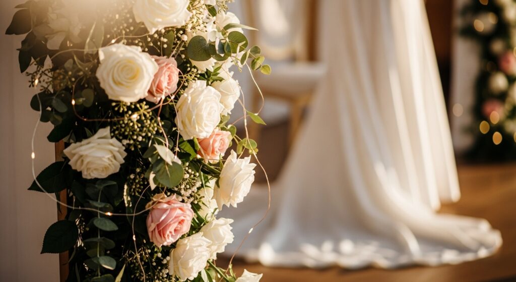 結婚式場の装飾や、ウエディングドレスの一部。幸せな雰囲気。雰囲気：華やかで幸せな、夢のような雰囲気