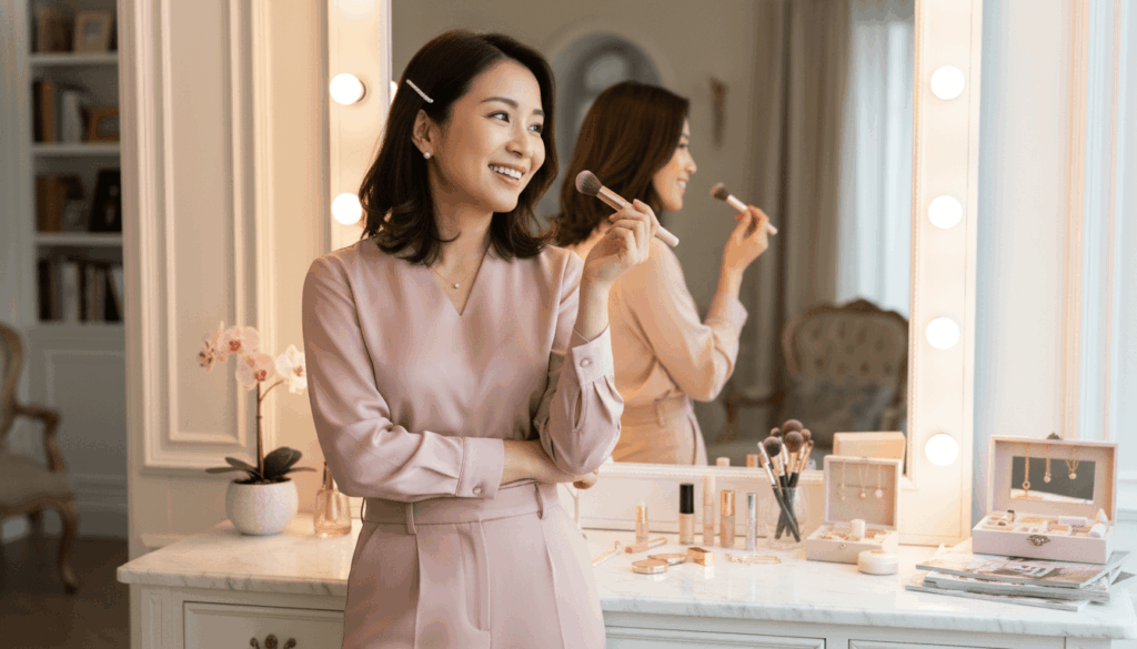 鏡の前でメイクしている女性