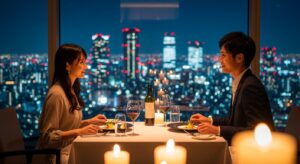 夜景のきれいなレストランで食事する二人