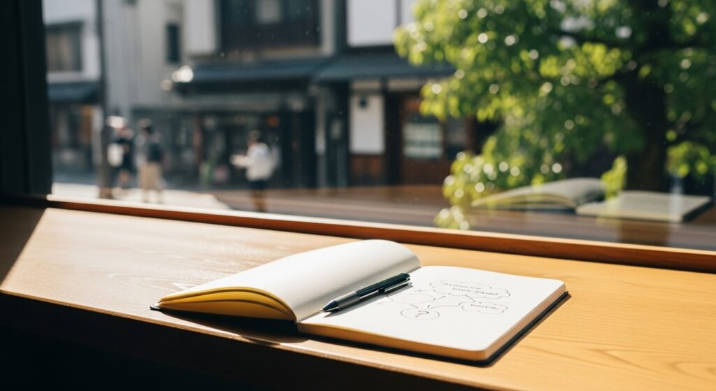 ノートとペンが置かれたカフェのテーブル。質問や相談を連想させるシーン。自然光が入る明るい雰囲気。