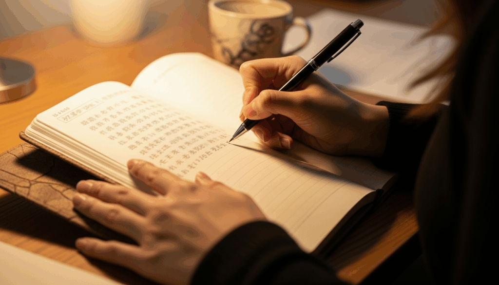 日記やノートに文章を書いている女性