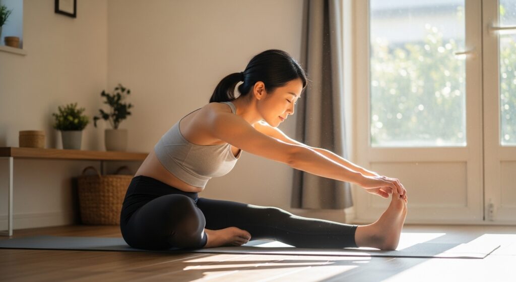 自宅で、マットの上でストレッチやエクササイズを