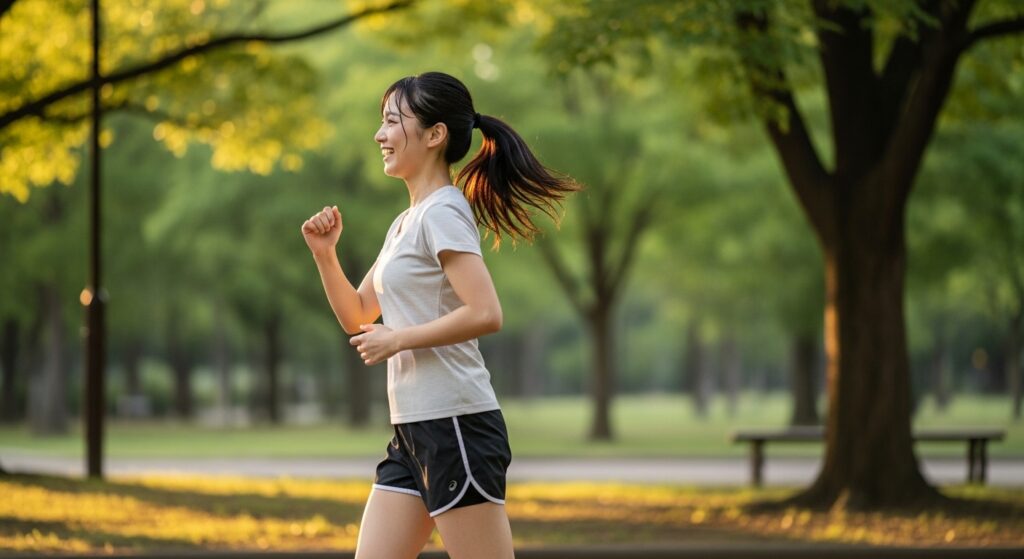 公園でジョギングをする若い女性の横顔