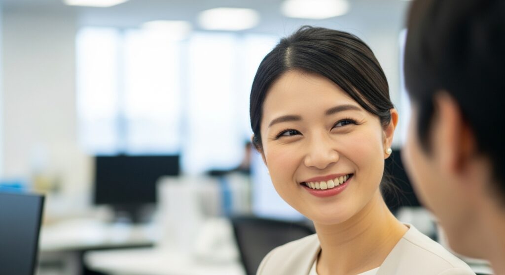 笑顔で同僚に話しかけている30代前半の人女性