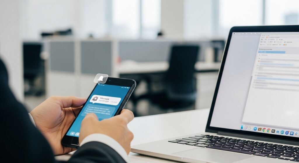 デスクの上のスマートフォンとノートパソコン