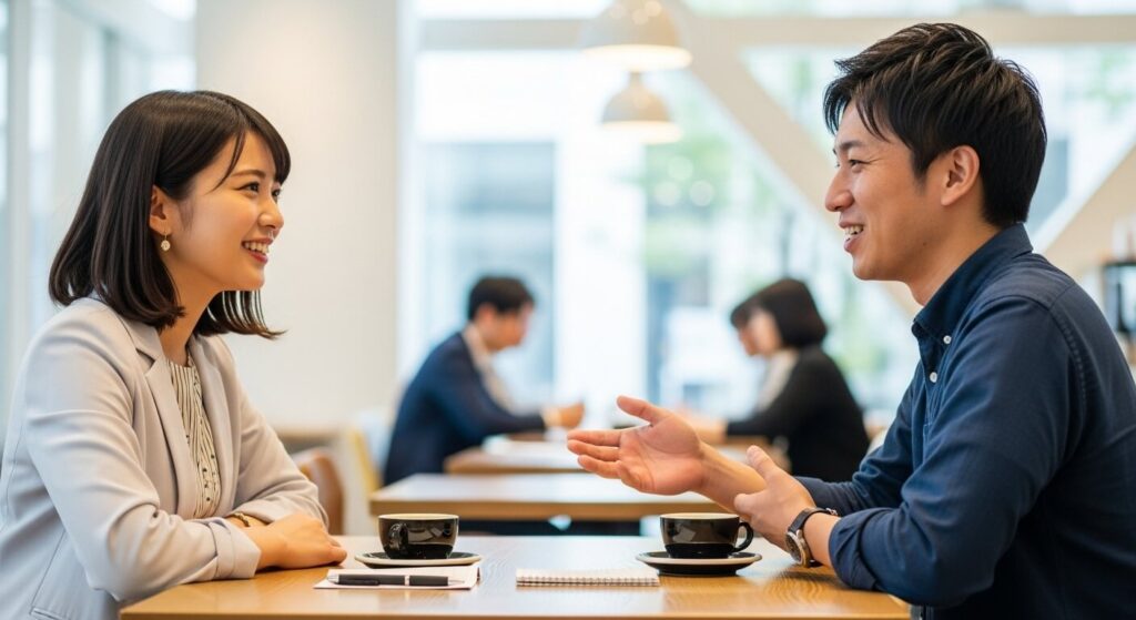 男女がカフェで楽しそうに会話