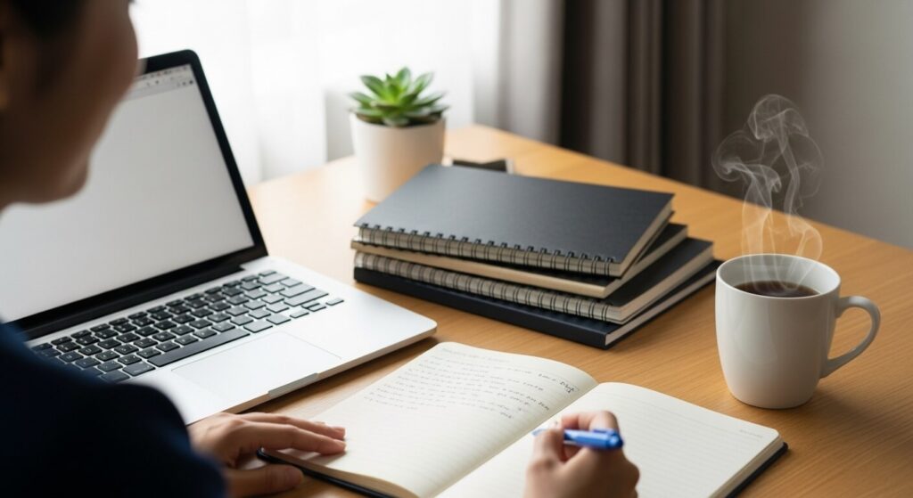 ノートPC・手帳・ペン・マグカップが並ぶデスク