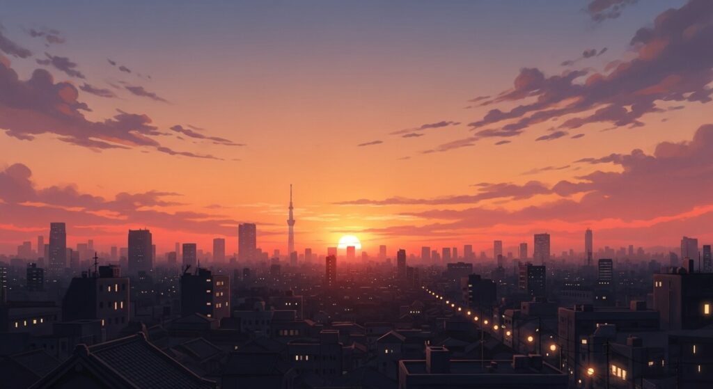 夕暮れの空と街並み。オレンジ色の空