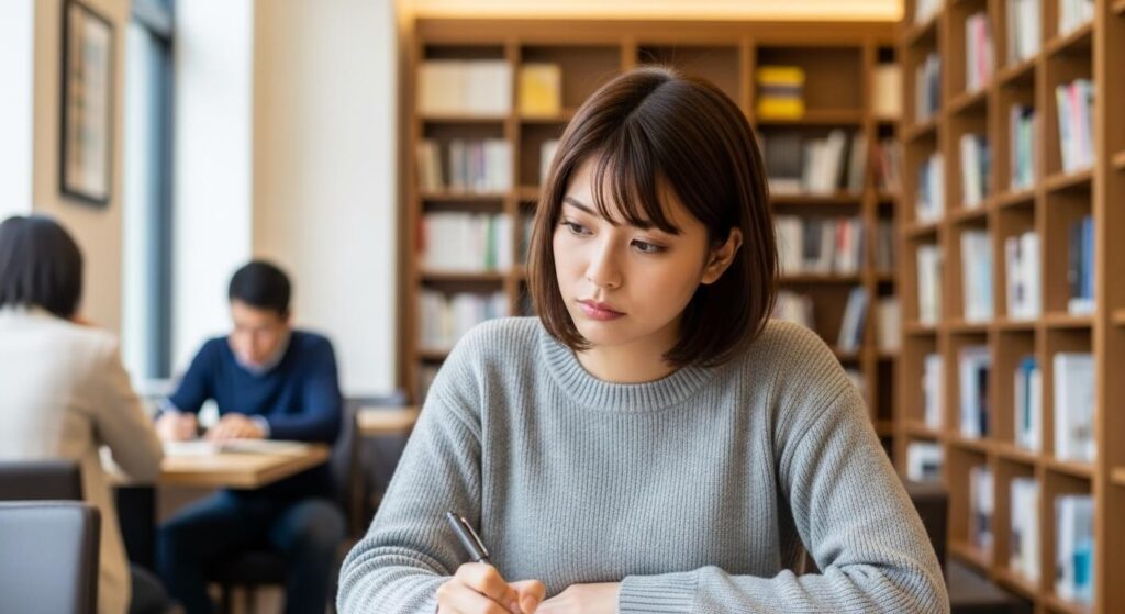 ノートに何かを書き留めながら考え込む若い女性