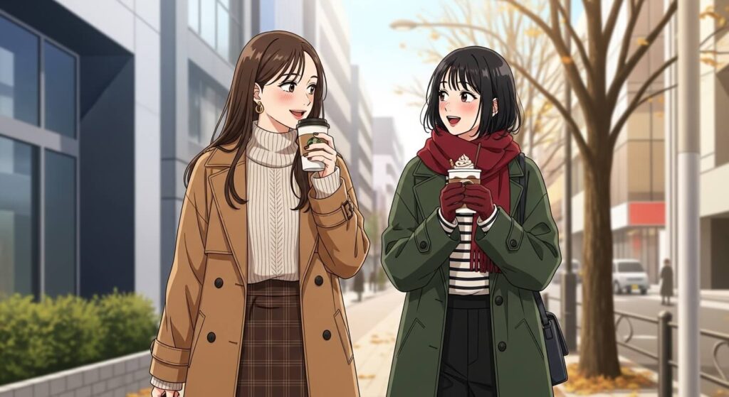 温かい飲み物を持って歩く女性二人