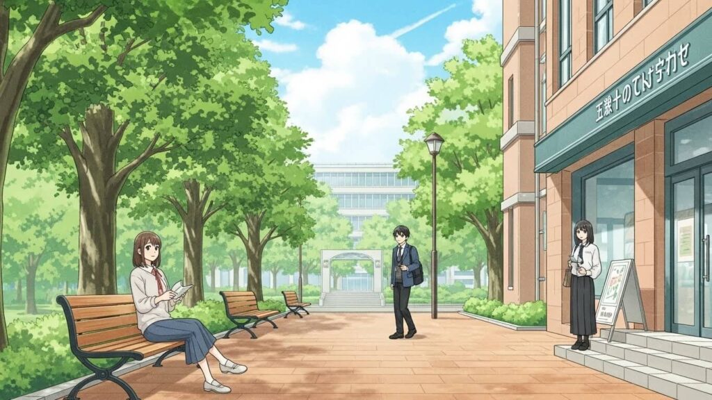 大学のキャンパス内のベンチに座る大学生