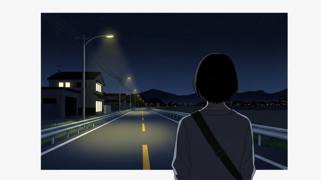 夜道を歩く女性の後ろ姿