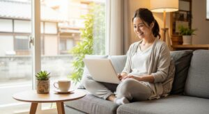 リラックスした働く環境
ソファに座ってリラックスしながらノートパソコンを使う20代の日本人女性