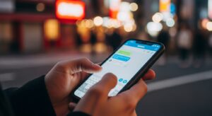 スマートフォンでメッセージを入力している手元のクローズアップ。画面にはチャット画面が表示されている様子