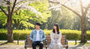 公園のベンチに座るカップルの後ろ姿。桜の木や緑の木々が背景にあり、穏やかな春の日差し。二人の距離は少し離れていて初々しい雰囲気。