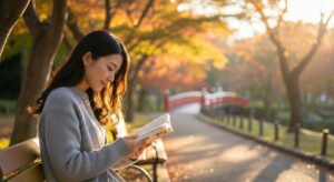 公園で本を読んでいる日本人女性。穏やかな表情。一人でも充実した時間を過ごす様子を表現。自然光の中でリラックスしている雰囲気。