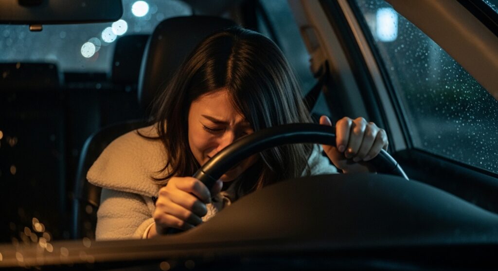 
夜の車の中で、運転席に座る女性。ハンドルに顔を伏せて泣いている様子。