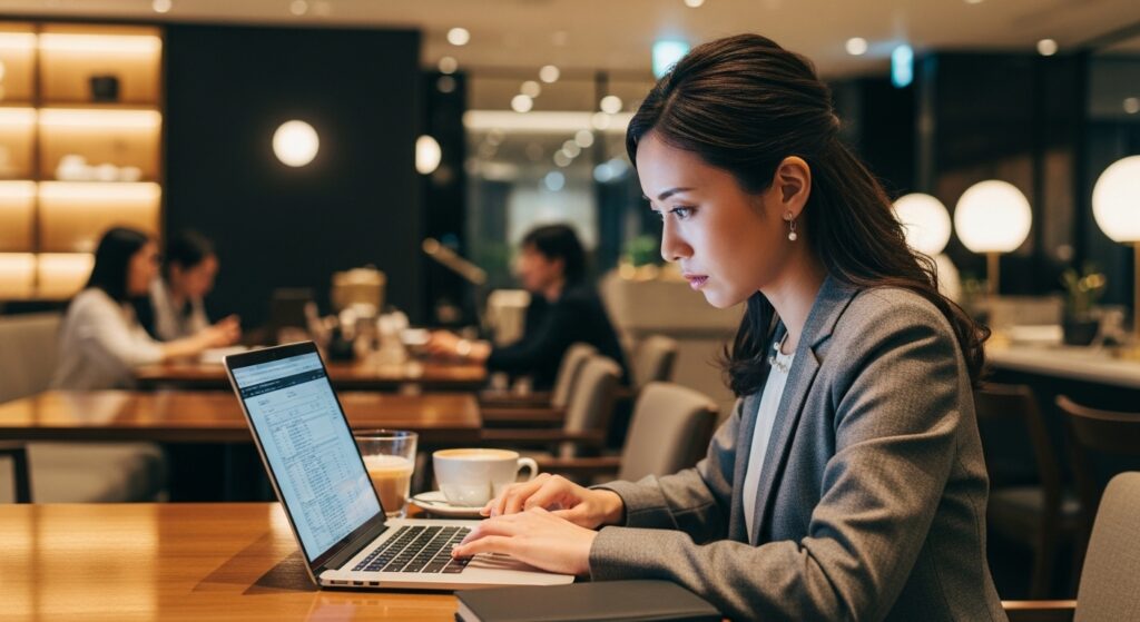カフェでノートパソコンを開いて仕事をする女性。集中している表情