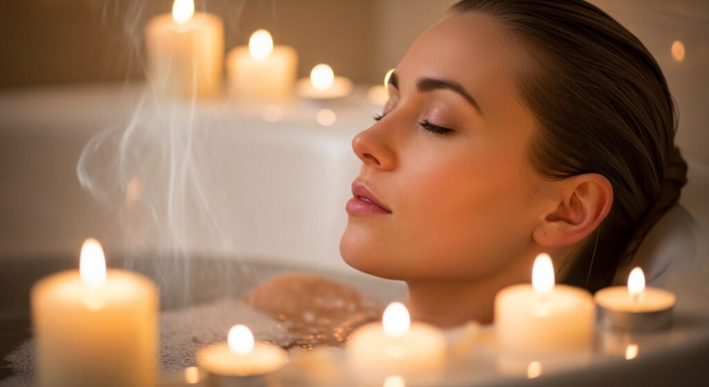 バスタブに浸かってリラックスする女性の肩から上のショット。キャンドルや入浴剤が周りに配置され、穏やかなバスタイムの雰囲気