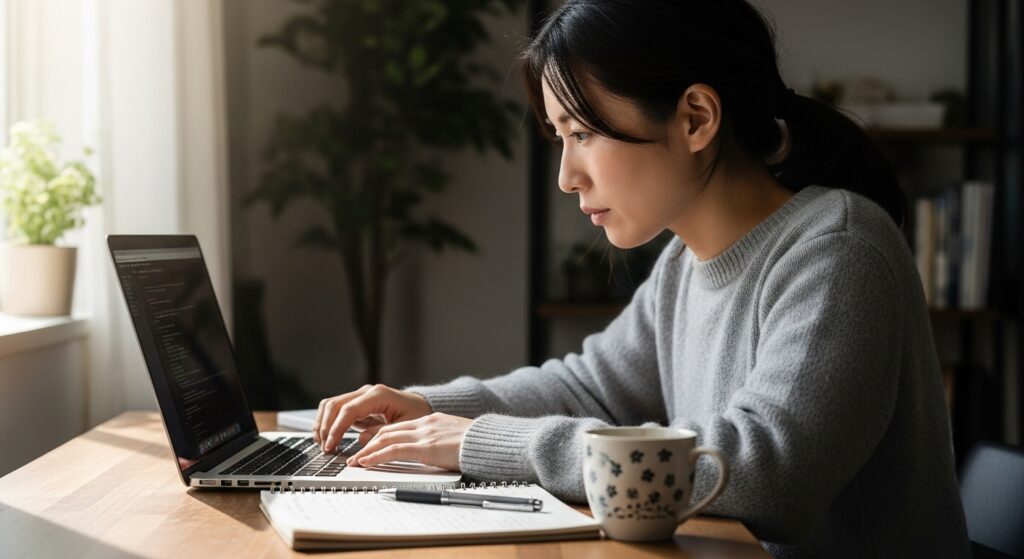 自宅のデスクで、ノートパソコンに向かって作業