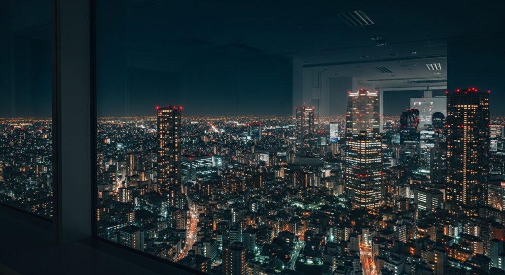 夜景が見えるオフィスの窓際