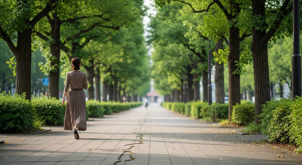 街路樹を歩く女性