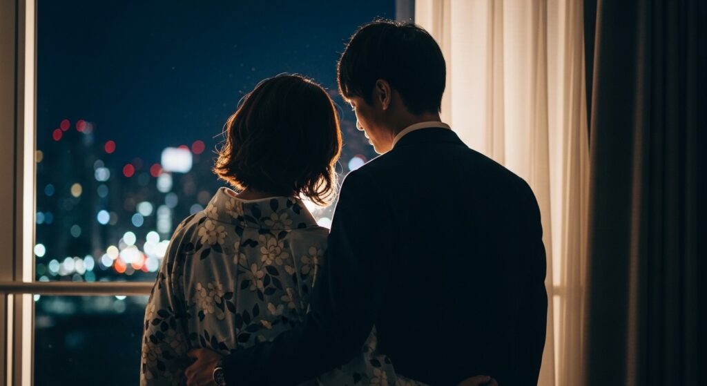 女性を抱きよせて夜景を見ているカップル