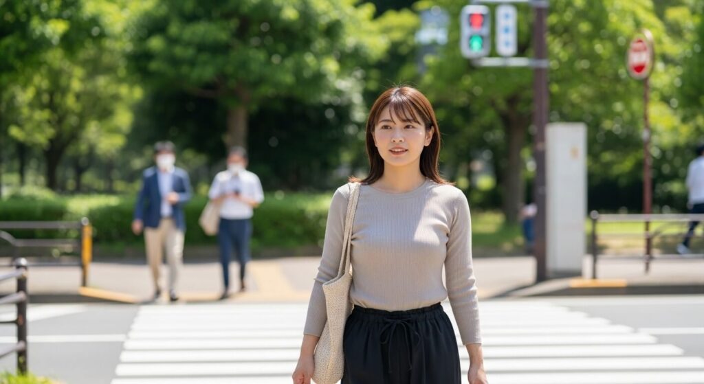 横断歩道をあるく若い女性