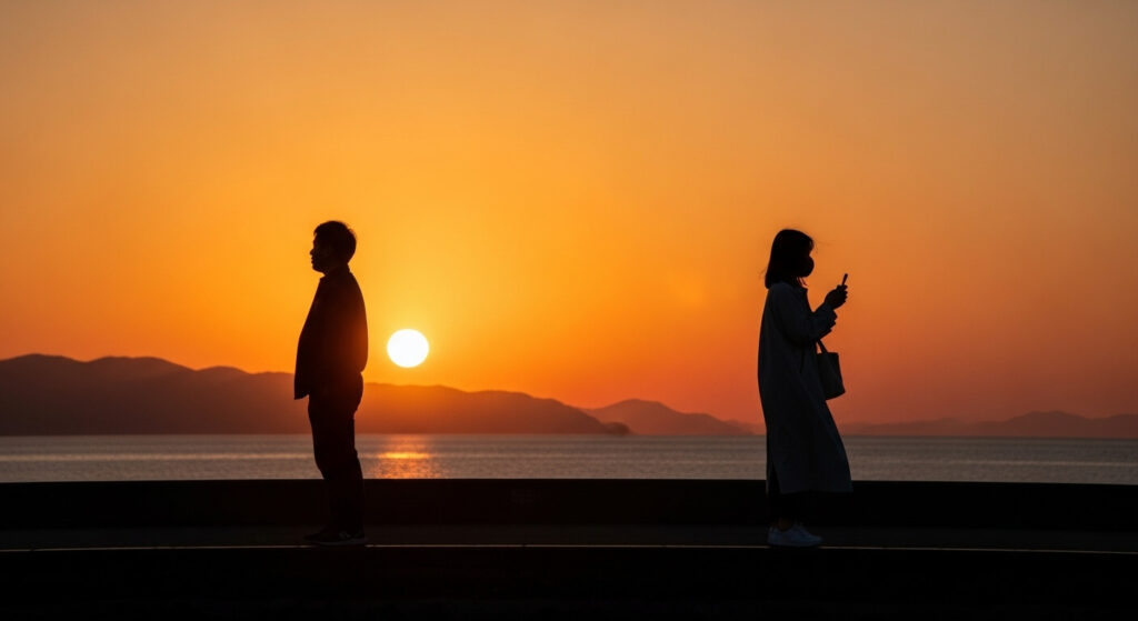 夕日をバックに男女が違う方向をみている