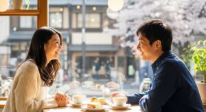 カフェの窓際席で向かい合って座る日本人カップル。お互いに笑顔で会話を楽しんでいる温かい雰囲気。