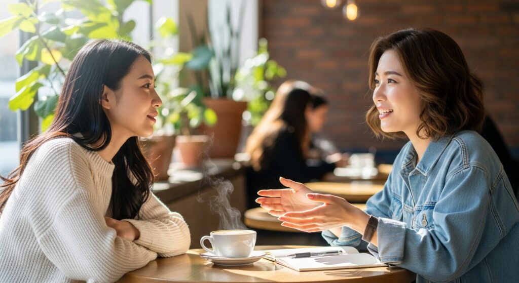 カフェで向かい合って話す2人の若い女性で1人が真剣に話を聞いている様子。温かいコーヒーがテーブルに置かれ、友情と信頼を感じさせる雰囲気。