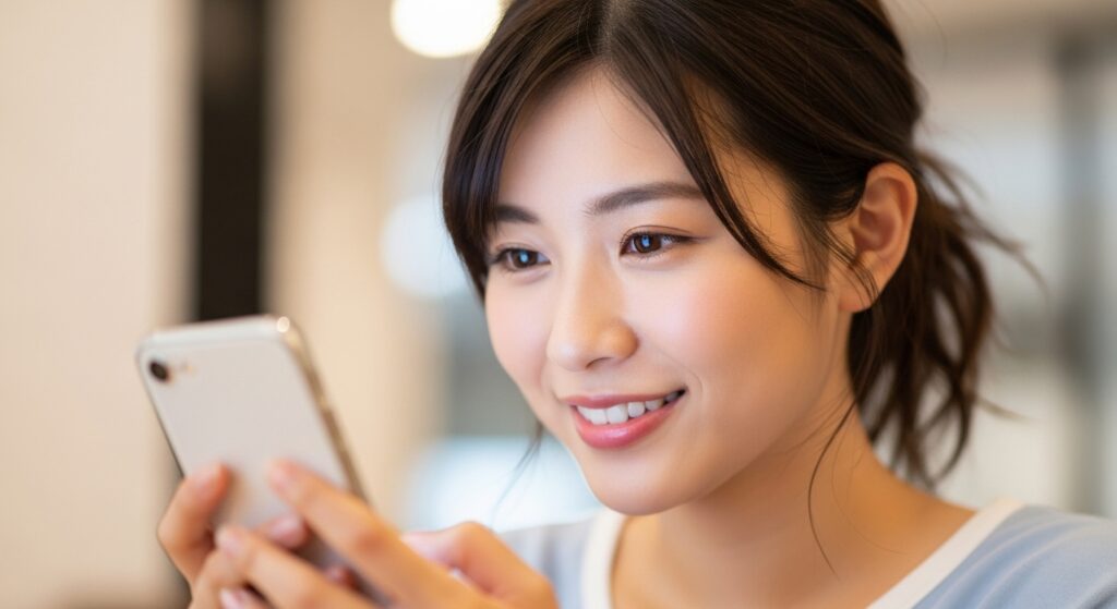 マートフォンを見ながら微笑む女性。メッセージを打っている様子