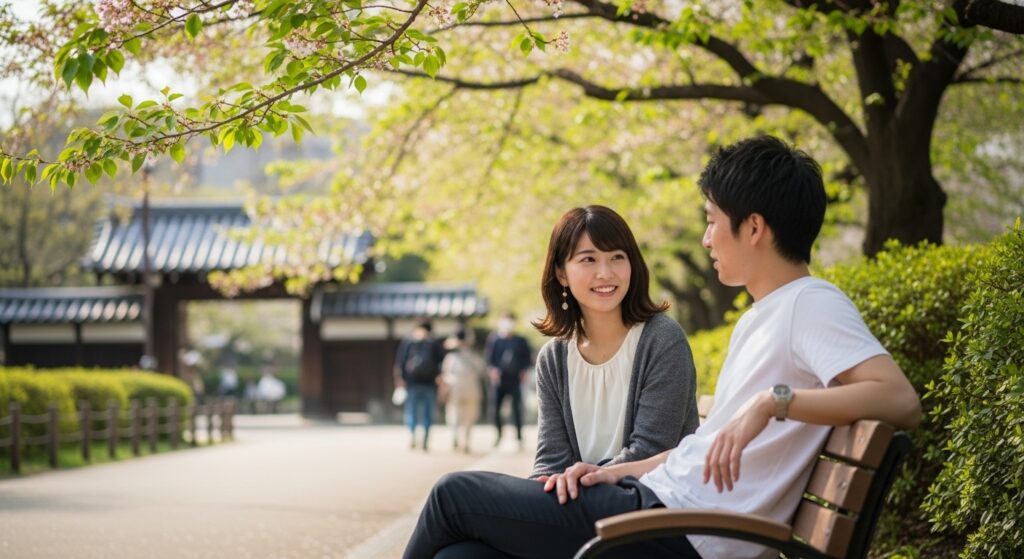 若いカップルが公園や街中でリラックスして話している様子。横からのショット