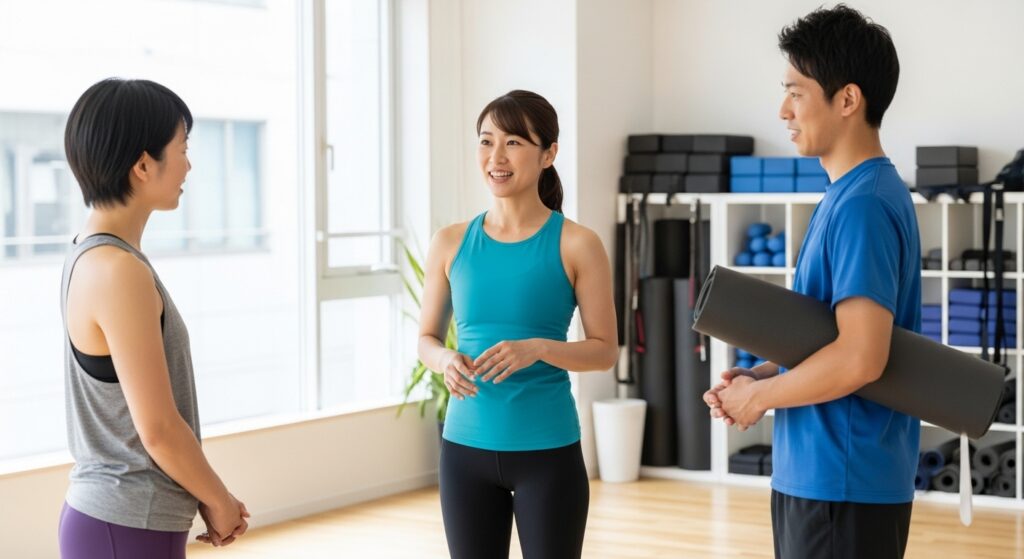 ヨガスタジオで笑顔で話す日本人女性のインストラクターと生徒たち