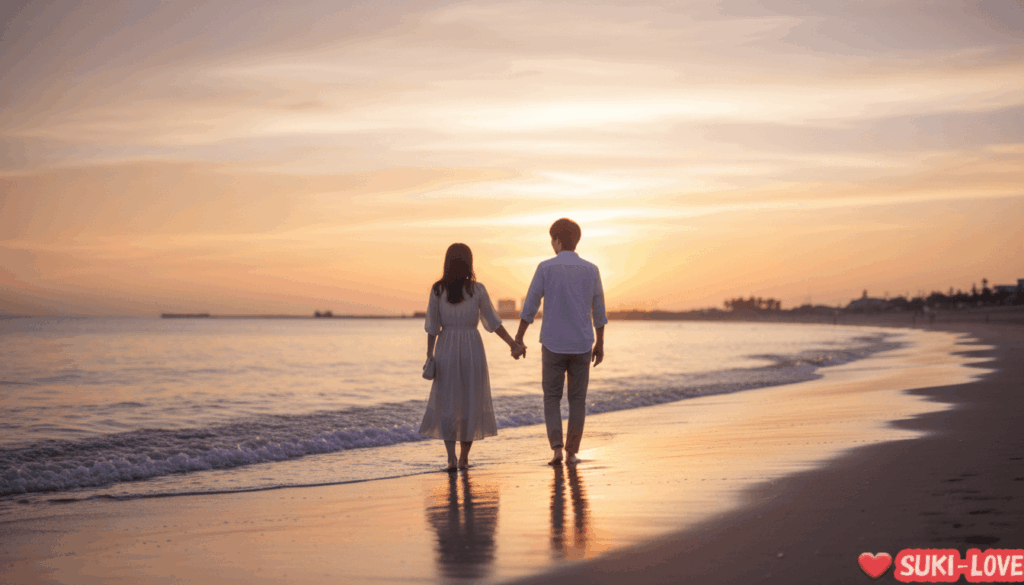 海沿いを歩くカップル