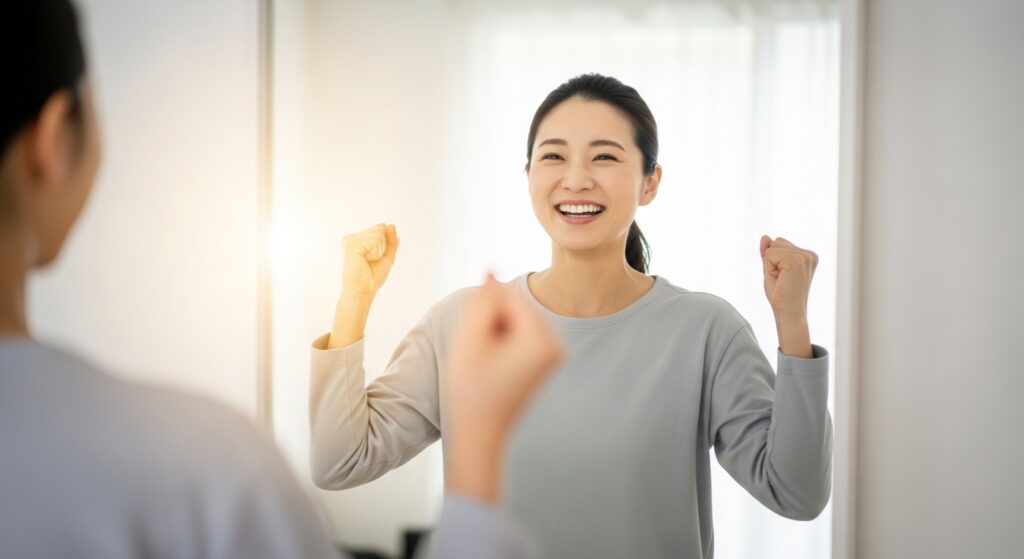 目標を達成して喜んでいる日本人女性。鏡の前で笑顔。明るく前向きな雰囲気。