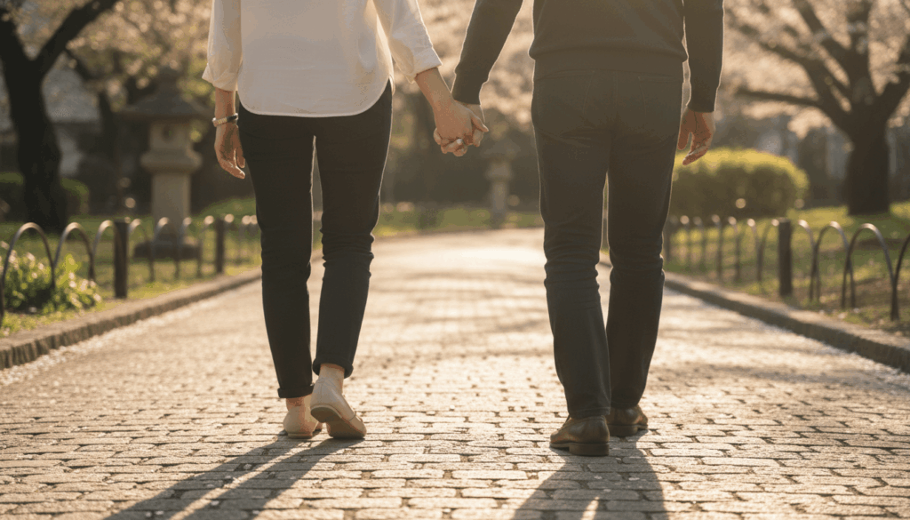
手を繋いで歩いているカップルの後ろ姿