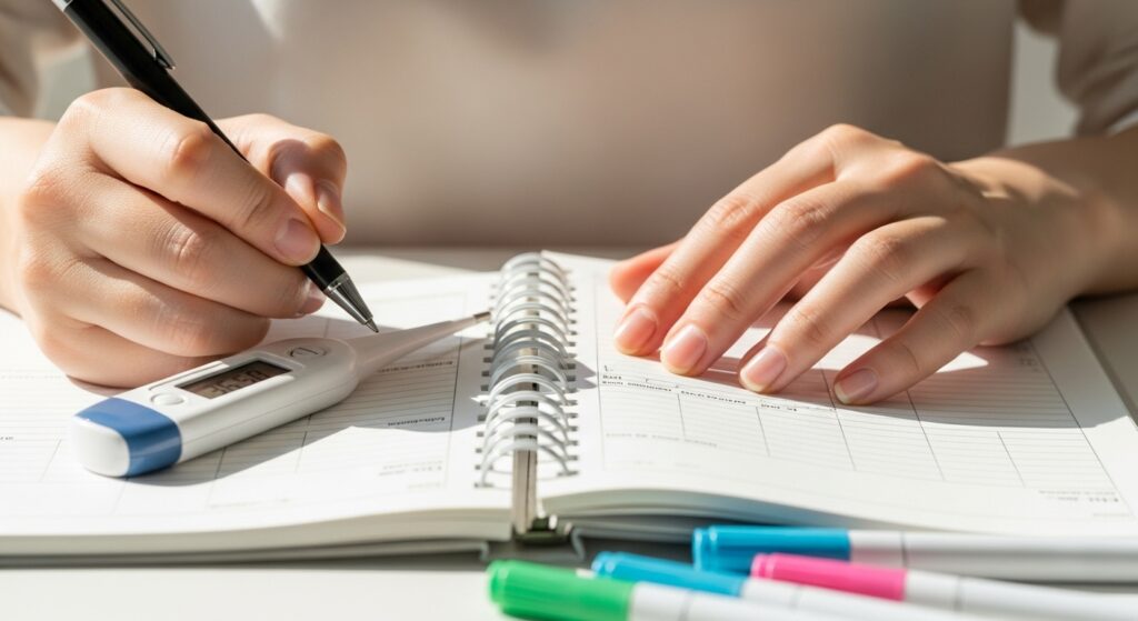 手帳に基礎体温グラフを記入する女性の手元のクローズアップ。体温計とペン、カラフルなマーカーが写る。明るい自然光の下で、健康管理の習慣を表現。